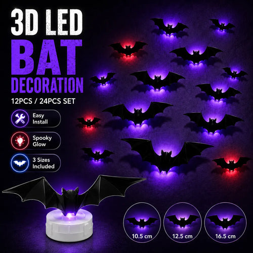 🦇2026 Hot Sale 3D LED Bat Wall Decorations – 12/24PCS Light-Up Halloween Decor for Walls, Windows & Parties