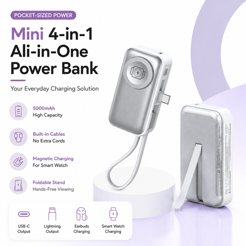 4-in-1 Folding Chargeable Portable Power Bank with Integrated Cable