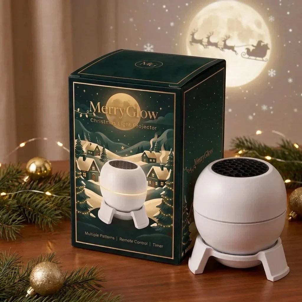 Compact white Christmas scene projector and packaging
