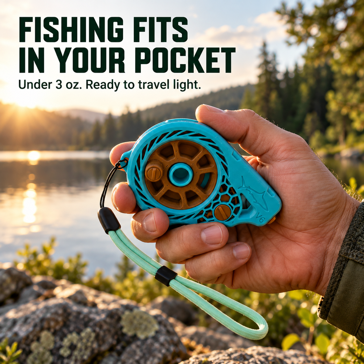 Pocket reel held in hand beside lake