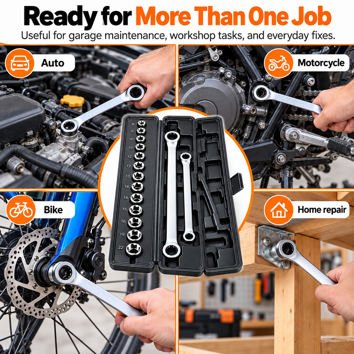 🔩15-in-1 Compact Ratcheting Wrench & Socket Set – Built for Tight-Space Repairs