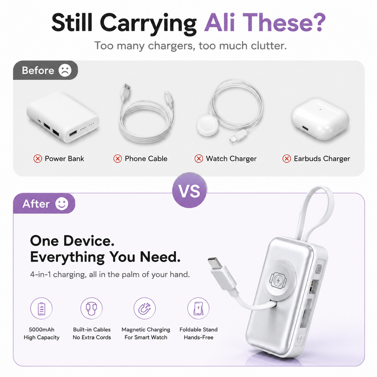 🔋4-in-1 Folding Chargeable Portable Power Bank with Integrated Cable