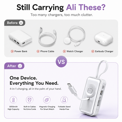 🔋4-in-1 Folding Chargeable Portable Power Bank with Integrated Cable