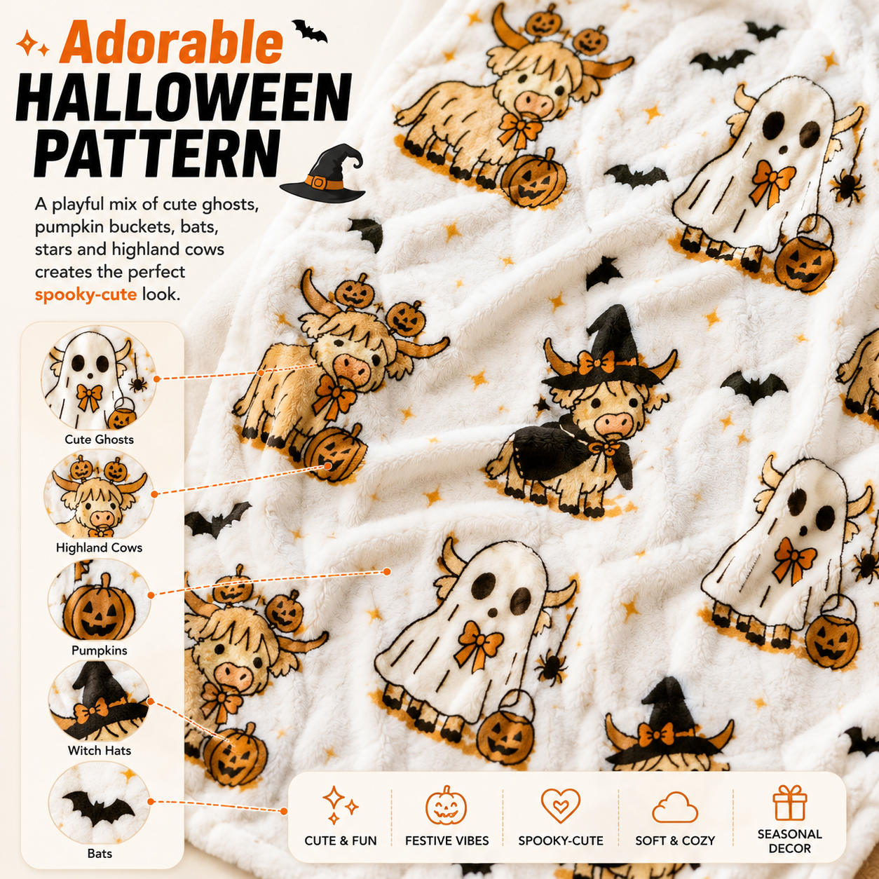 🔥 55% OFF TODAY 🎃 Cute Halloween Highland Cow Ghost Plush Throw Blanket