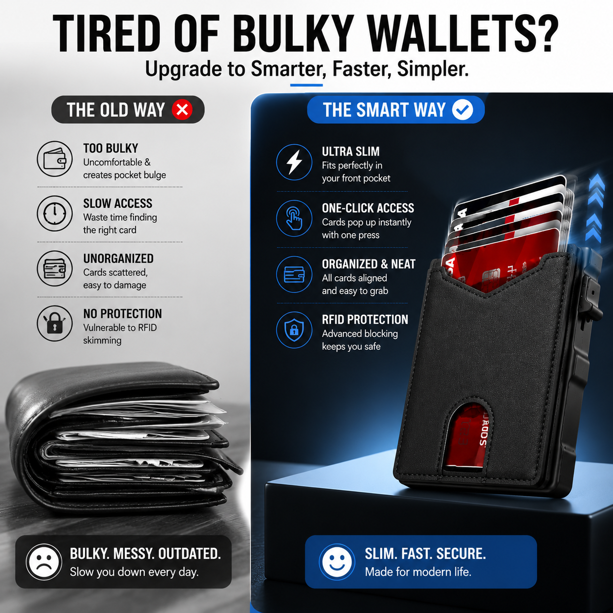 🔐 RFID Blocking Minimalist Pop-Up Wallet | One-Second Card Eject Design & Ultra Slim Pocket Wallet🔥