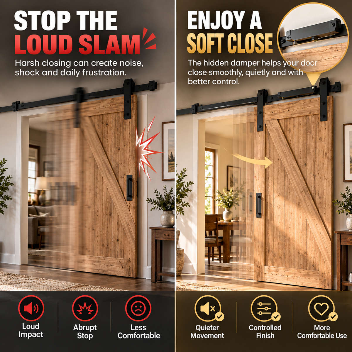 Barn door soft closing damper compared with abrupt closing