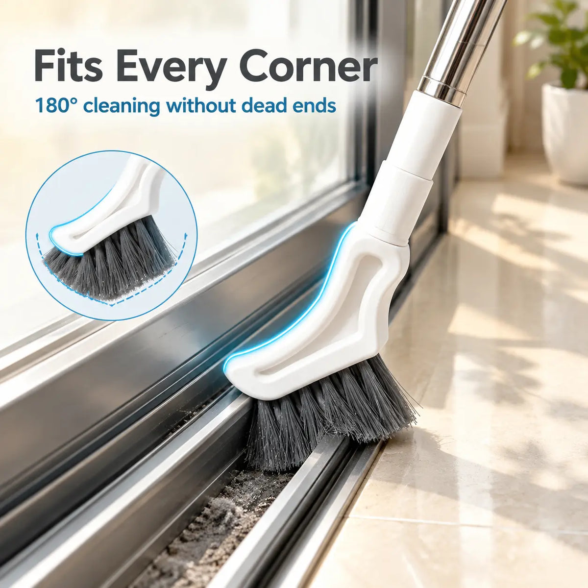 Crevice brush cleaning debris from a narrow window track