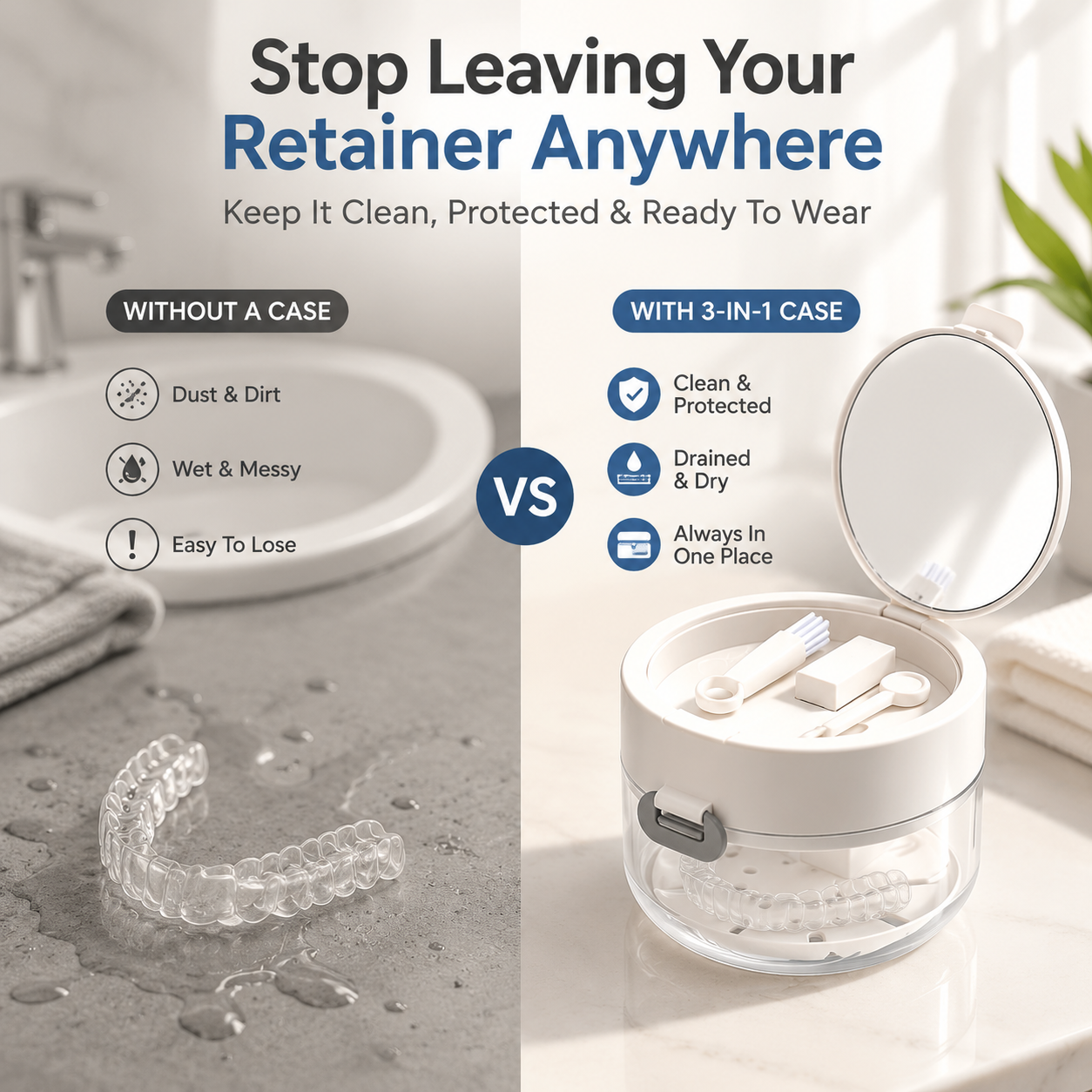 ✨ Portable 3-in-1 Retainer Cleaner Case | Clean, Drain, Dry & Store Aligners, Mouth Guards and Dentures in One Compact Organizer
