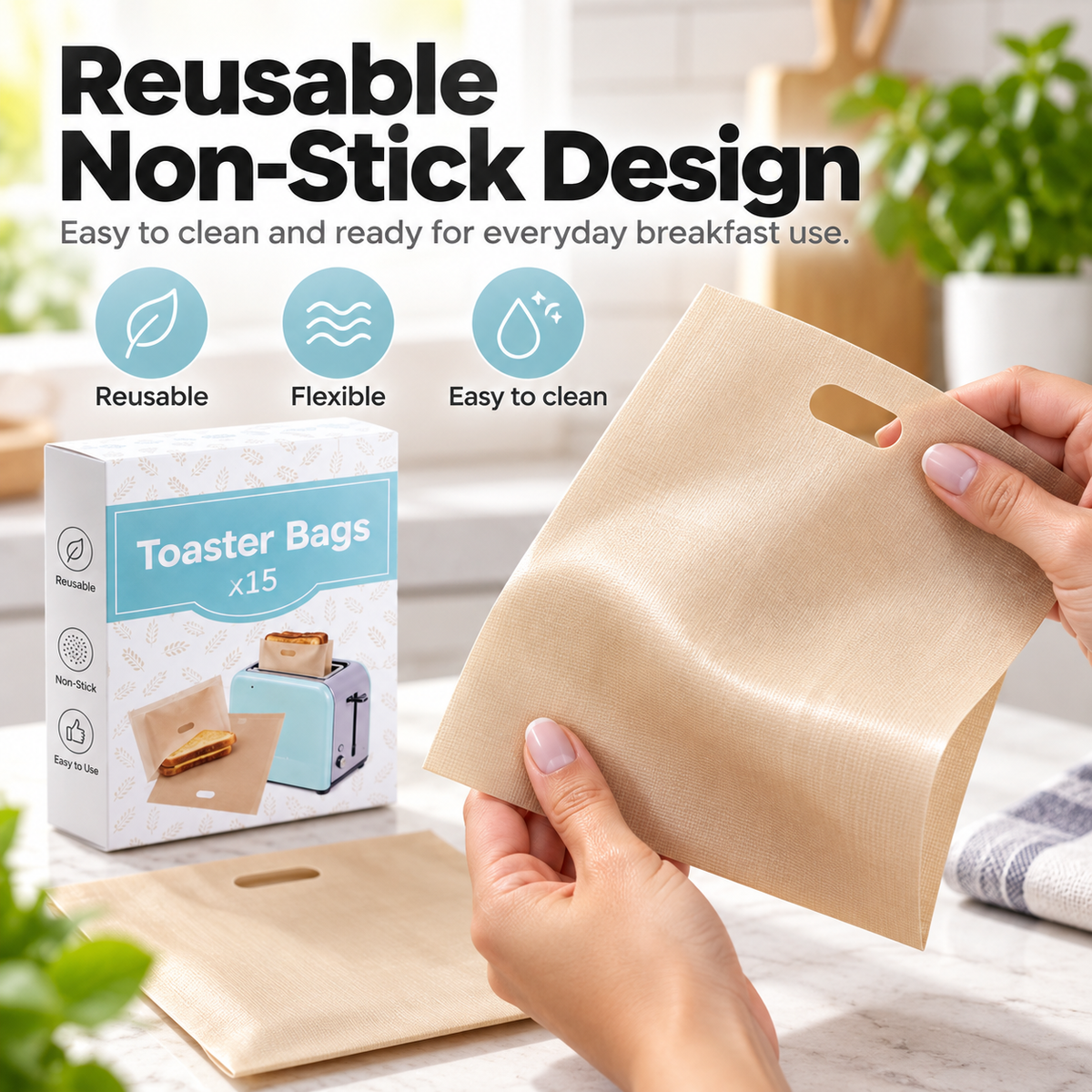 Flexible reusable non-stick toaster bag shown close up