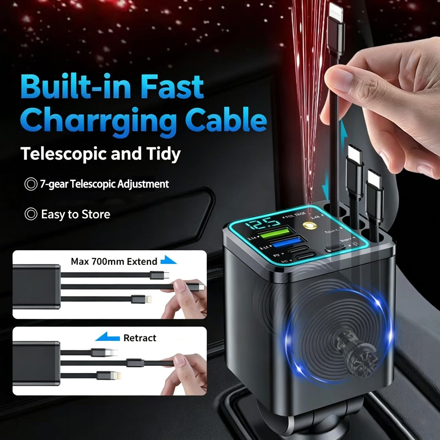 7-in-1 Retractable 102W Fast Car Charger with Star Projector Ambient Light
