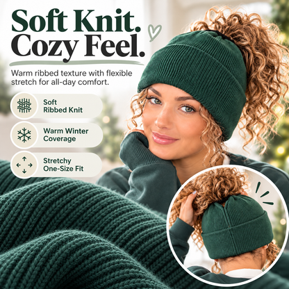 💚❄️ Women's Winter Ponytail Beanie Hat 🧶✨ Cozy Warm Knit Hat with Messy Bun Opening 🎀 Stretchy Ribbed Cuff Beanie for Cold Weather ☃️💕 5 Colors Available 🌈🎁