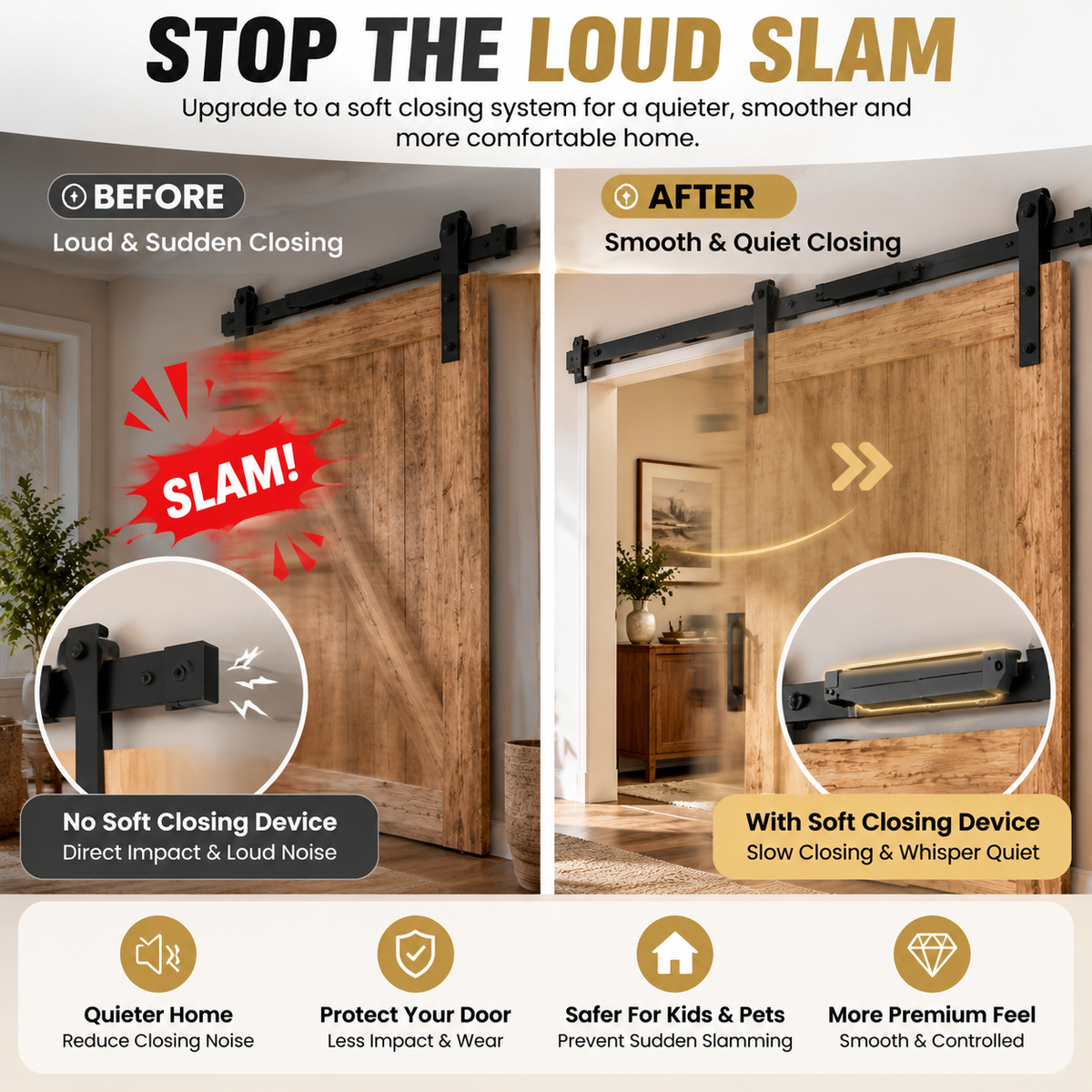 Before and after comparison of barn door closing with soft close hardware