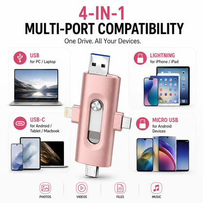 📱 4-in-1 USB Flash Drive for Phone & Computer – High-Speed Photo Backup & Multi-Port Memory Stick