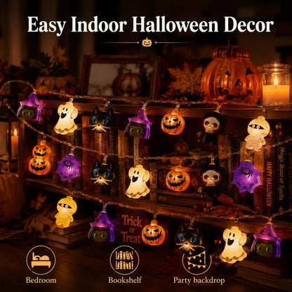 🎃 Halloween Character LED String Lights – 20 LEDs, 8 Modes & Timer