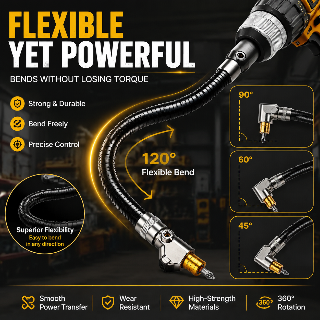 Flexible 90° Right Angle Drill Attachment – Tight Space Driver Adapter