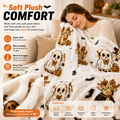 🔥 55% OFF TODAY 🎃 Cute Halloween Highland Cow Ghost Plush Throw Blanket