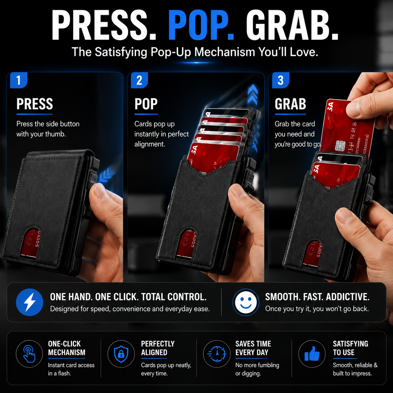🔐 RFID Blocking Minimalist Pop-Up Wallet | One-Second Card Eject Design & Ultra Slim Pocket Wallet