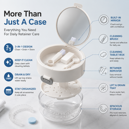 ✨ Portable 3-in-1 Retainer Cleaner Case | Clean, Drain, Dry & Store Aligners, Mouth Guards and Dentures in One Compact Organizer