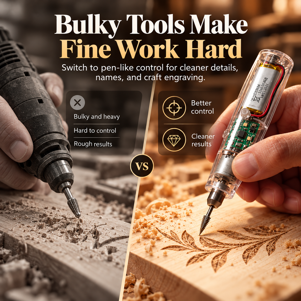 Bulky rotary tool compared with compact transparent engraving pen for fine wood details