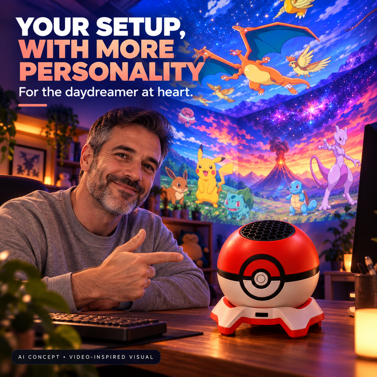 AI concept: adult fan's desk with the red and white ball-shaped design