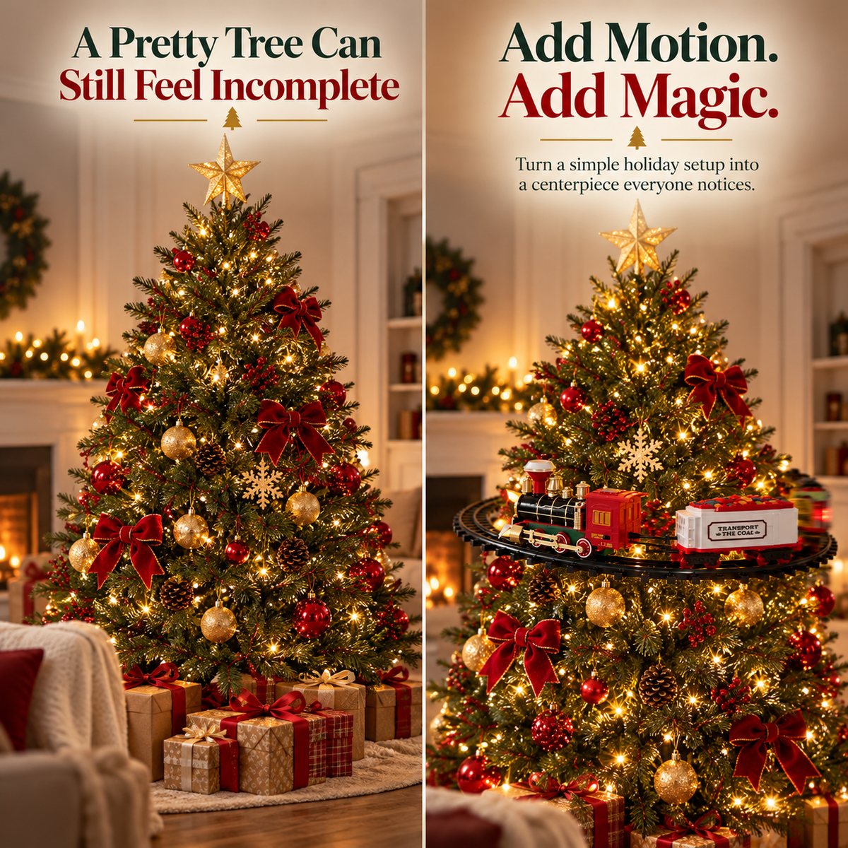 Elevated Christmas Tree Train Set – 360° Moving 4-Car Holiday Display