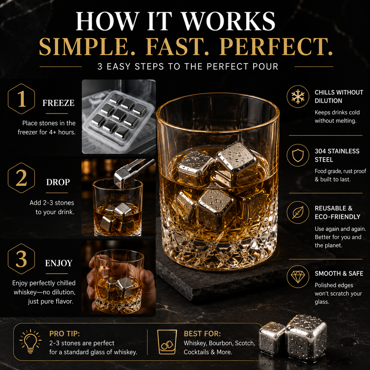 🔥 50% OFF TODAY | Stainless Steel Whiskey Stones – Chill Drinks Without Dilution 🥃