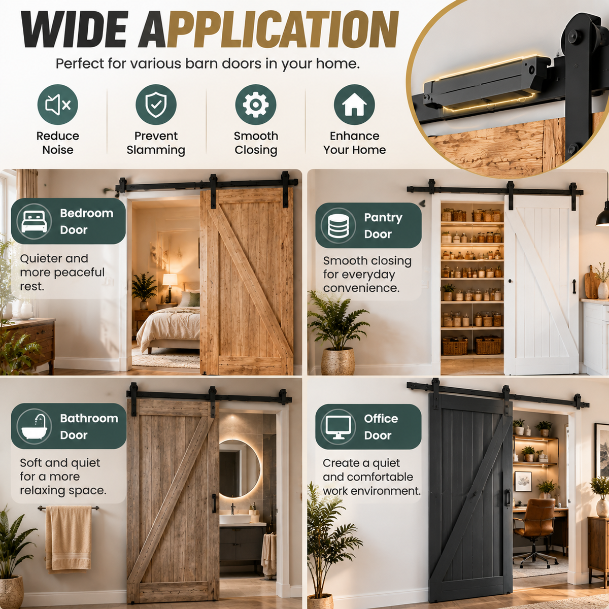 Barn door soft close hardware used in bedroom pantry bathroom and office