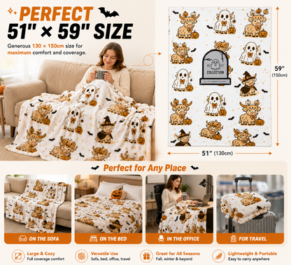 🔥 55% OFF TODAY 🎃 Cute Halloween Highland Cow Ghost Plush Throw Blanket
