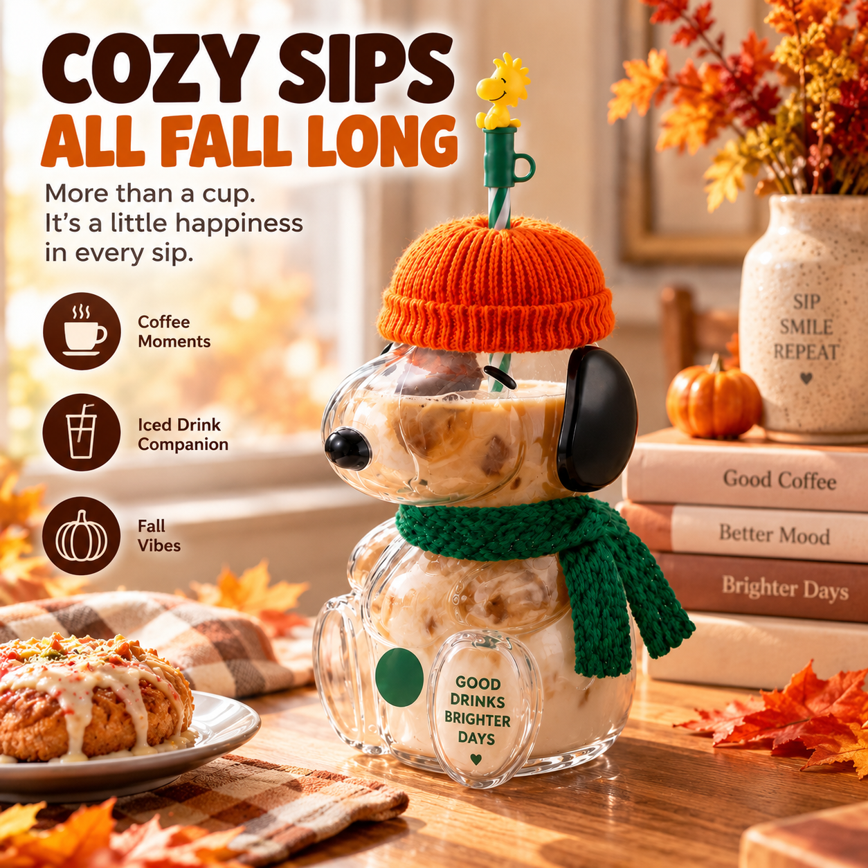 🥤 FALL FAVORITE   | Cute Character Cold Cup – 3D Glass Tumbler with Straw for Iced Coffee, Matcha & Cold Drinks