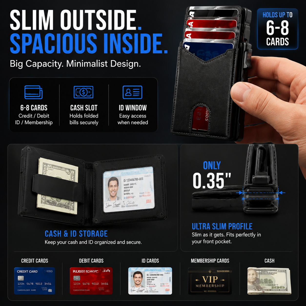 🔐 RFID Blocking Minimalist Pop-Up Wallet | One-Second Card Eject Design & Ultra Slim Pocket Wallet🔥
