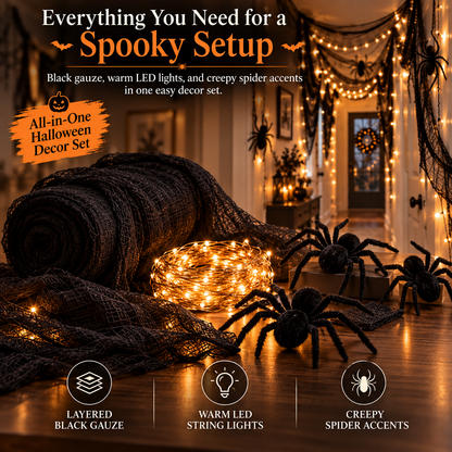 🕷️ Haunted Hallway Halloween Decor Set – Black Gauze, Warm LED Lights & Spooky Spider Decorations