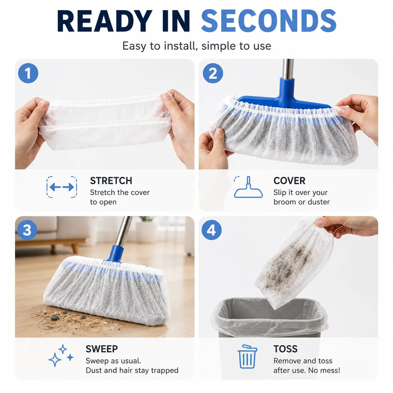 🔥Disposable Broom Dust Covers, Non-Woven Dust Catcher Covers for Most Standard Brooms, Traps Dust, Hair & Debris