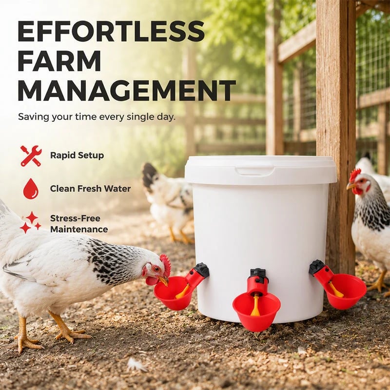 Automatic poultry watering system installed on a large water reservoir