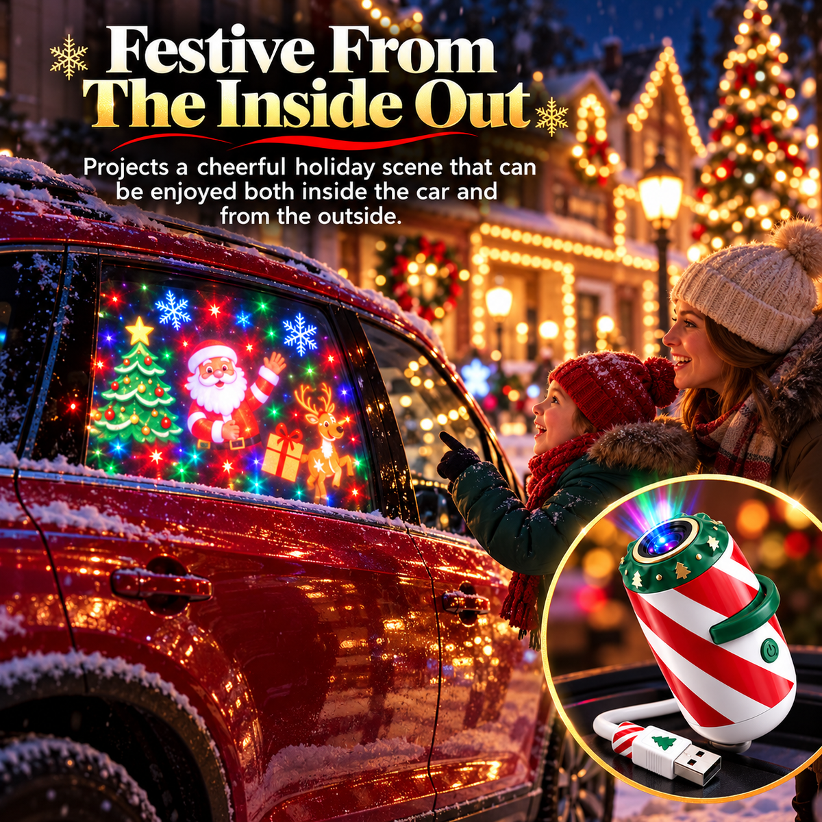 Christmas projection visible through a parked vehicle window