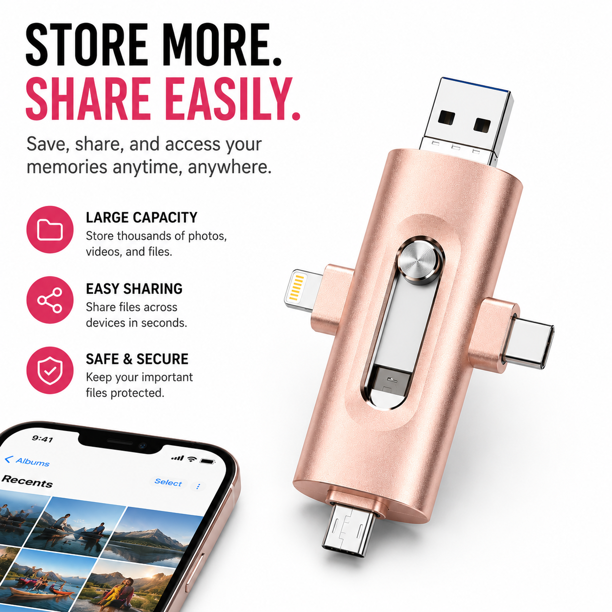 📱 4-in-1 USB Flash Drive for Phone & Computer – High-Speed Photo Backup & Multi-Port Memory Stick