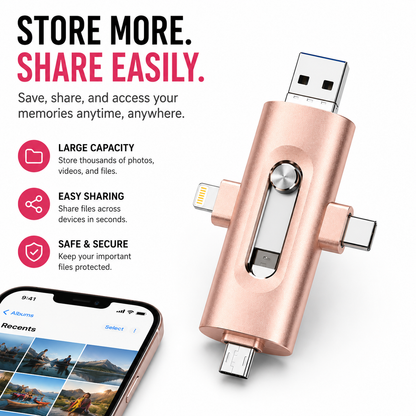 📱 4-in-1 USB Flash Drive for Phone & Computer – High-Speed Photo Backup & Multi-Port Memory Stick