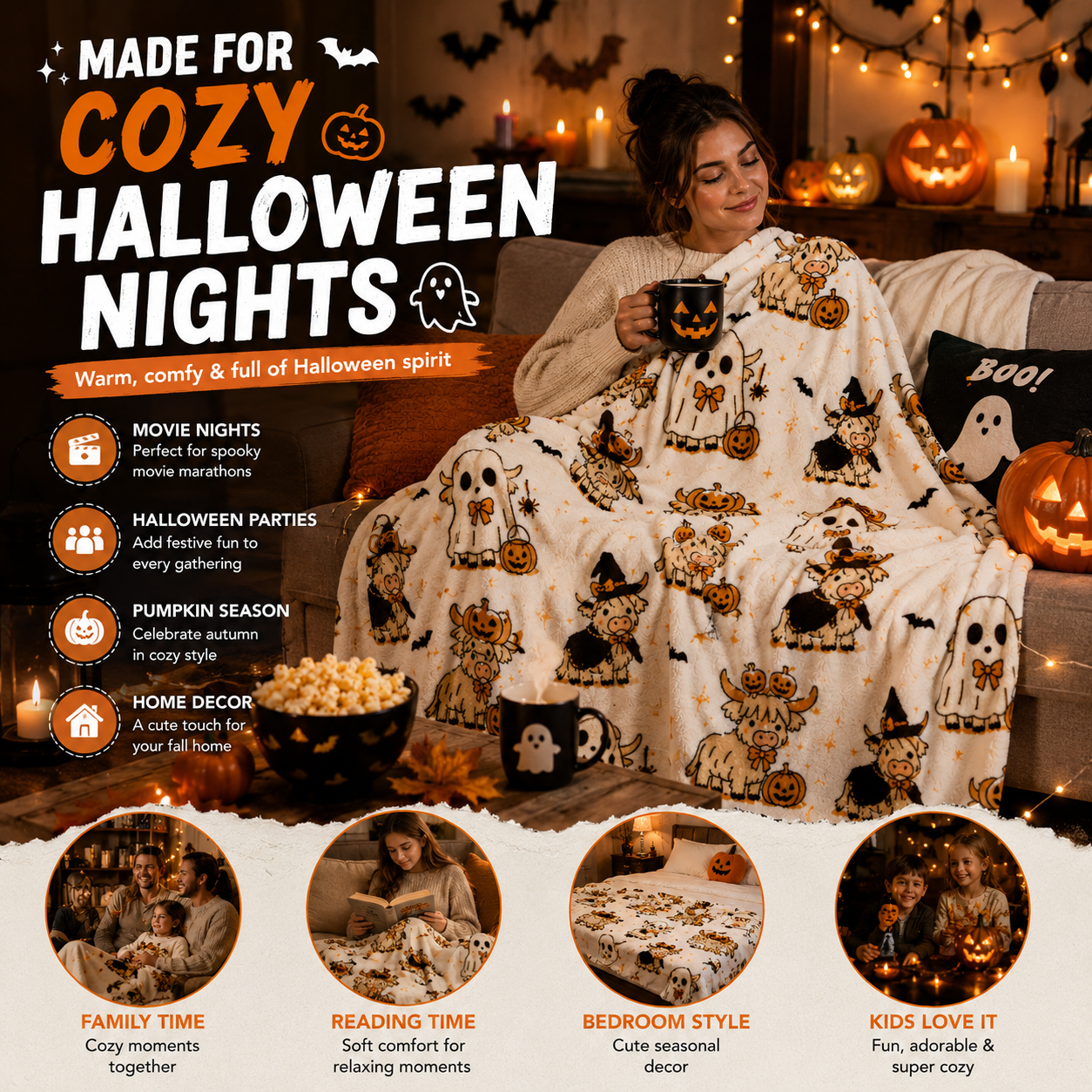 🔥 55% OFF TODAY 🎃 Cute Halloween Highland Cow Ghost Plush Throw Blanket