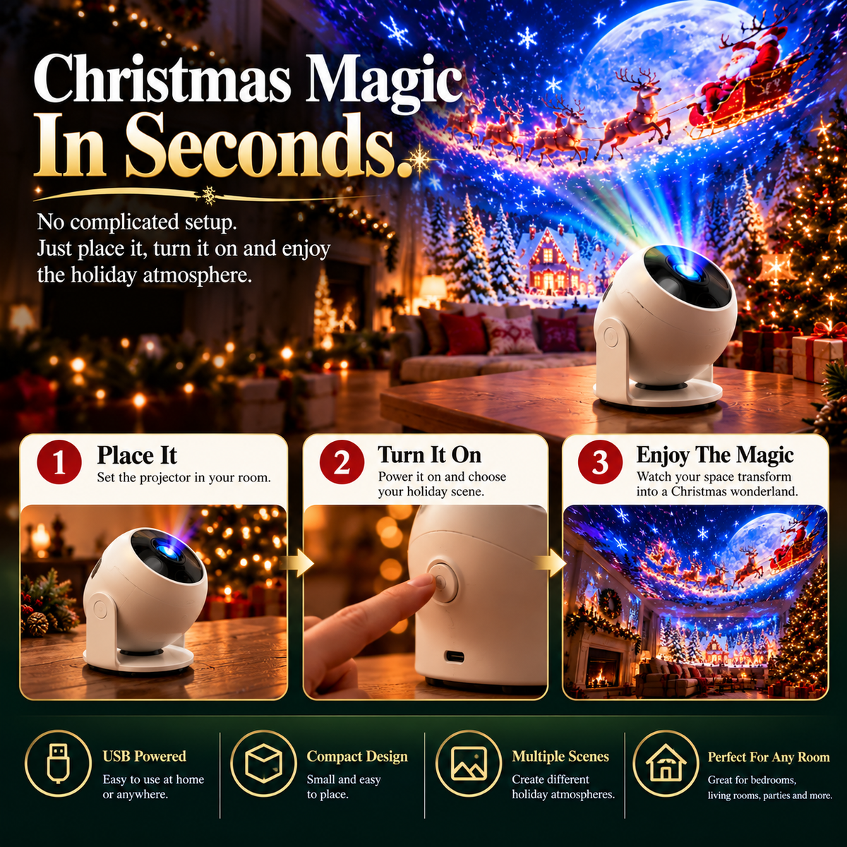 🎄 Christmas Projector Light – Indoor Holiday Projection Lamp for Walls & Ceilings