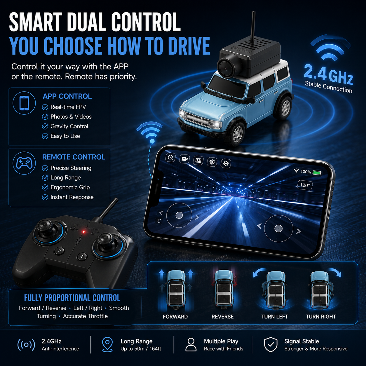 🚙 Mini FPV Camera Car – 720P Live View & Dual Control
