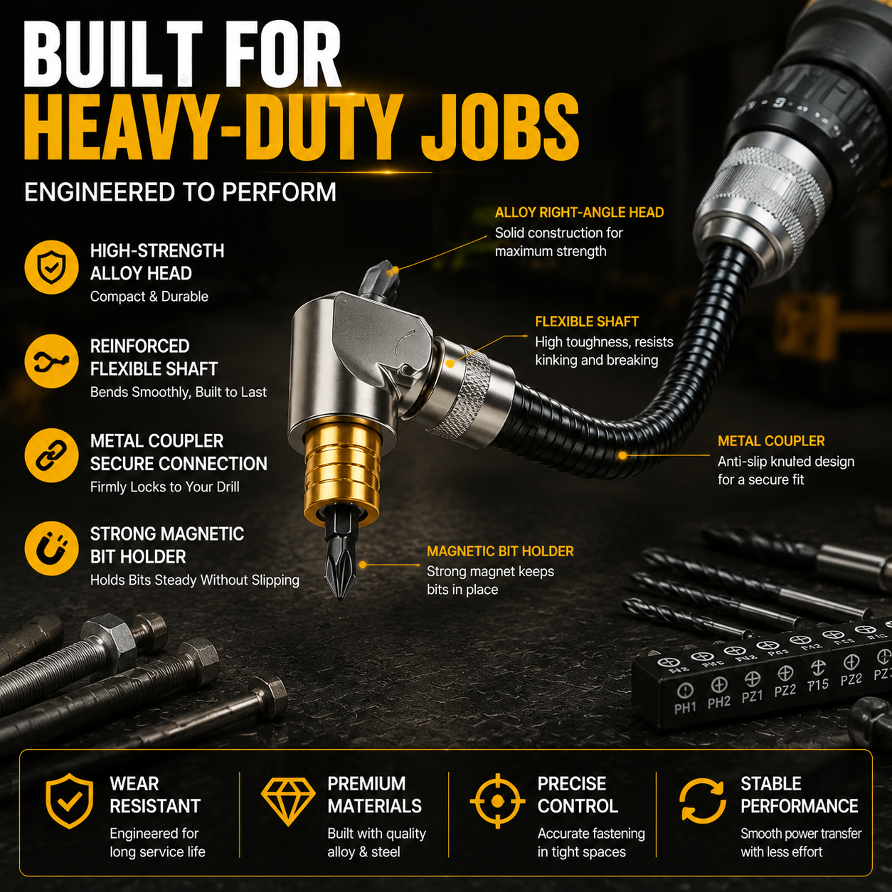 Flexible 90° Right Angle Drill Attachment – Tight Space Driver Adapter