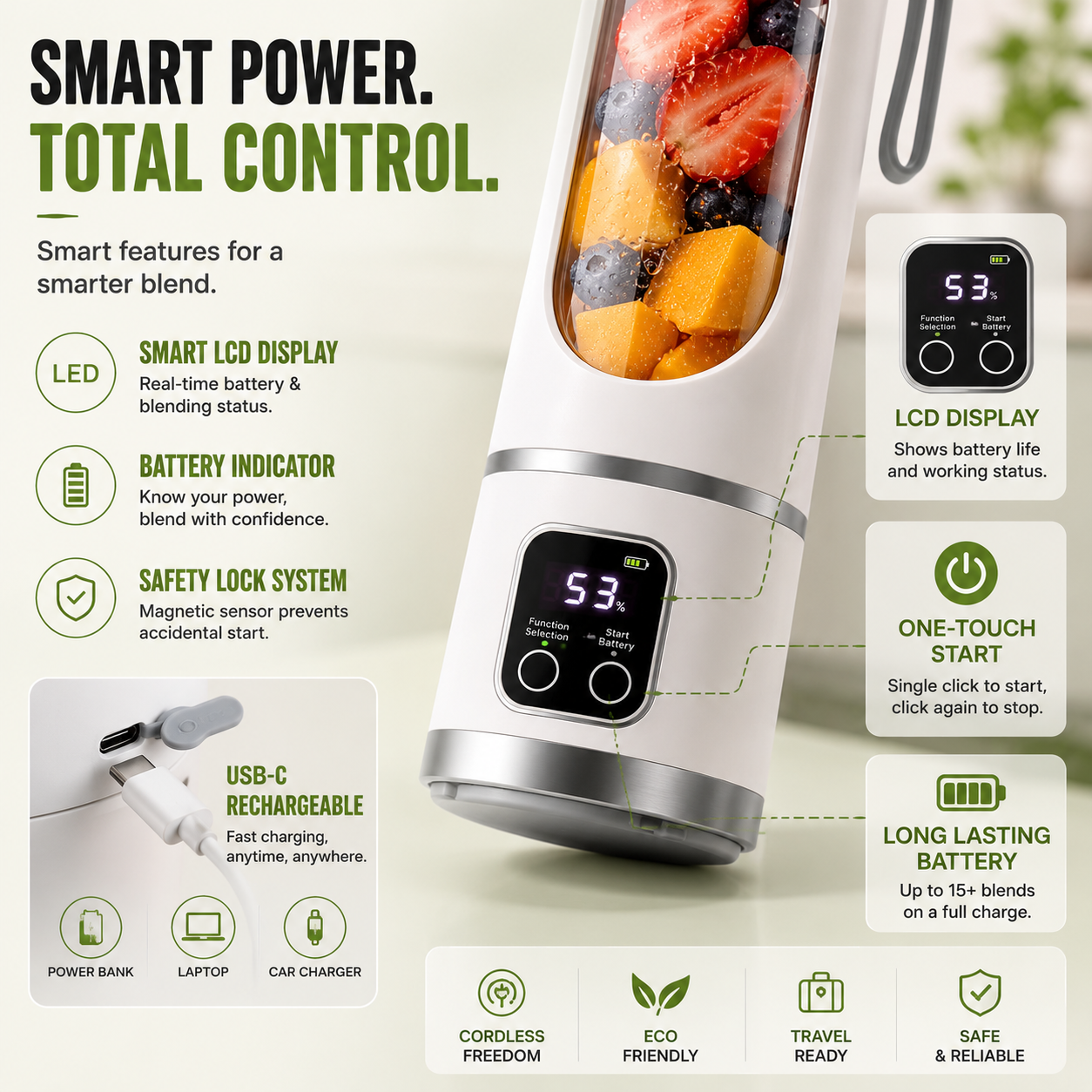 Portable USB Blender with LED Display - Perfect for Smoothies & Juices.