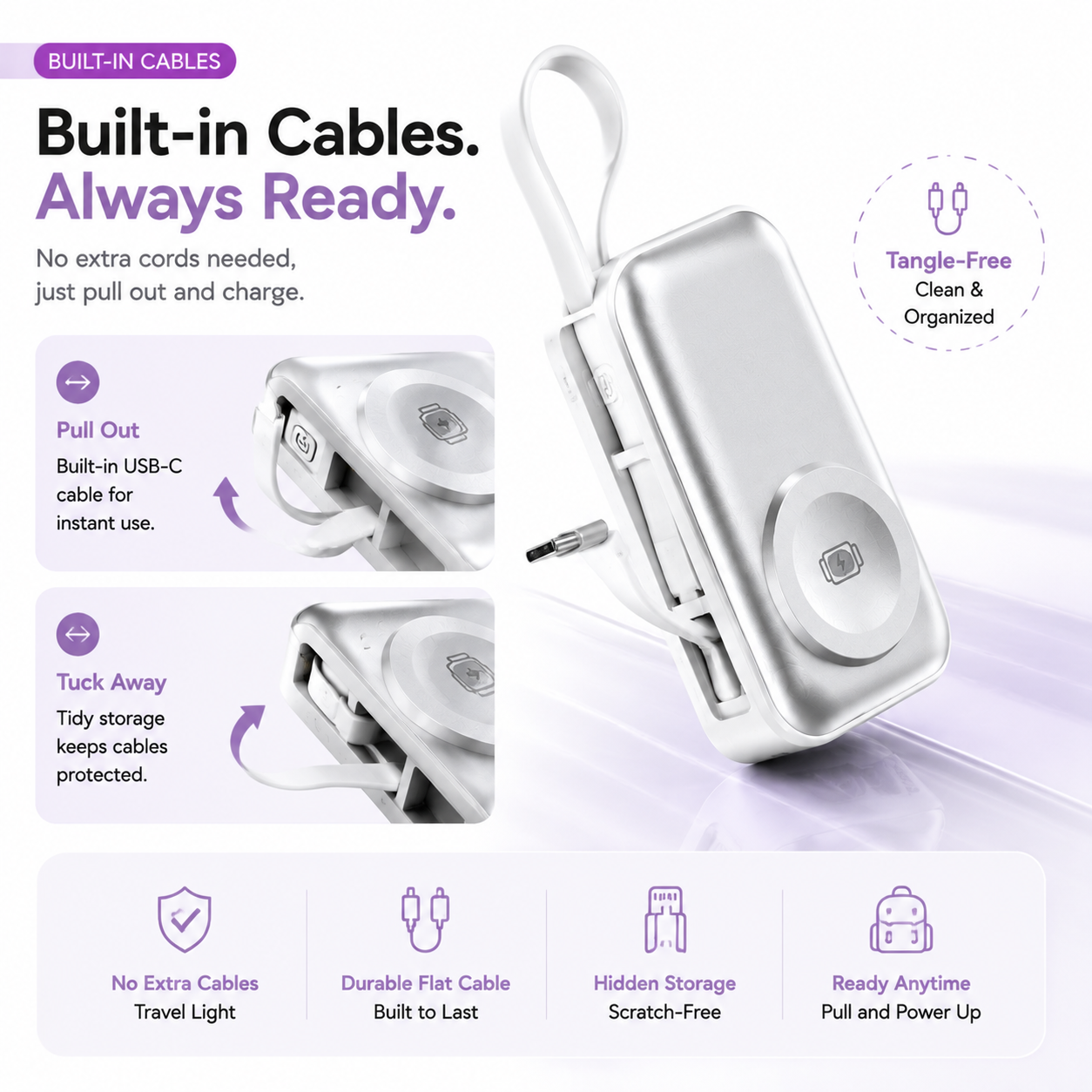 4-in-1 Folding Chargeable Portable Power Bank with Integrated Cable