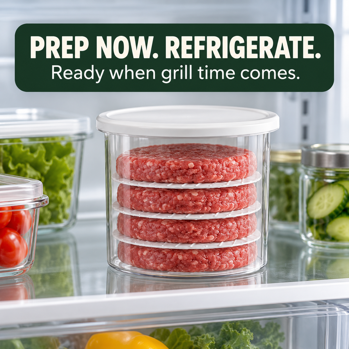 Prepared burger patties covered and refrigerated