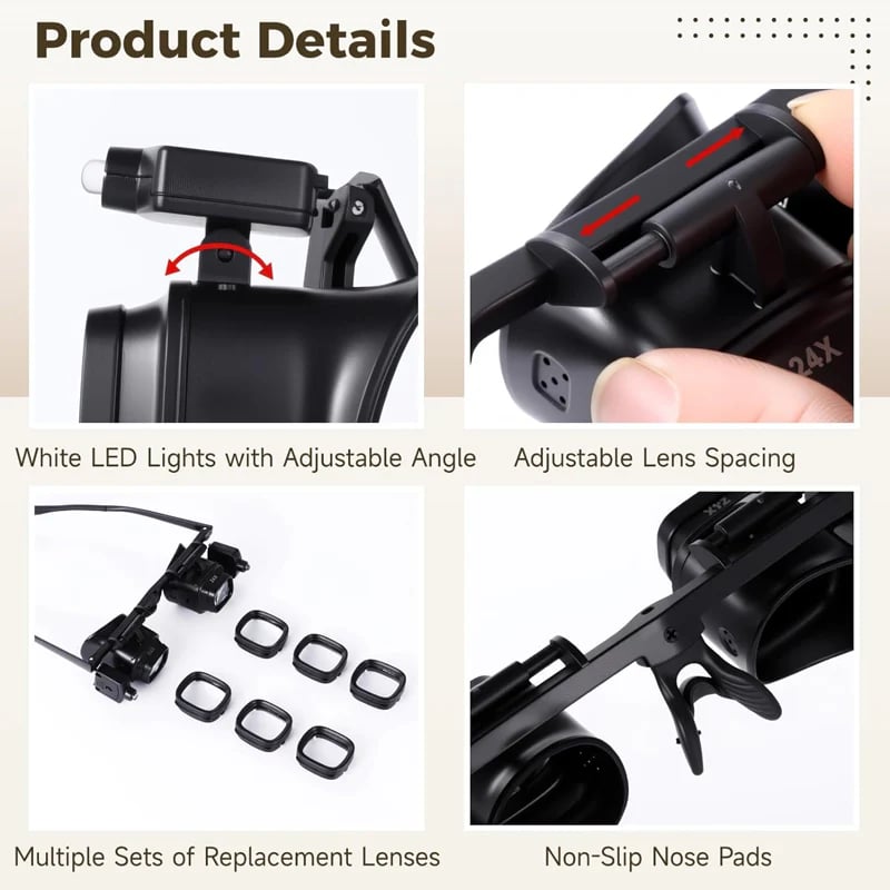 Magnifier glasses product details showing adjustable LED angle lens spacing and nose supports