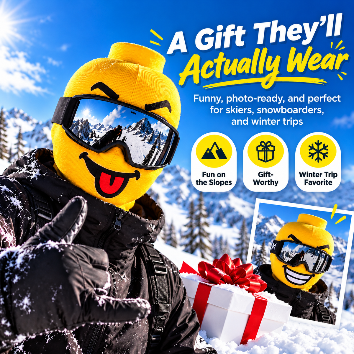 Funny yellow ski balaclava presented as a winter gift