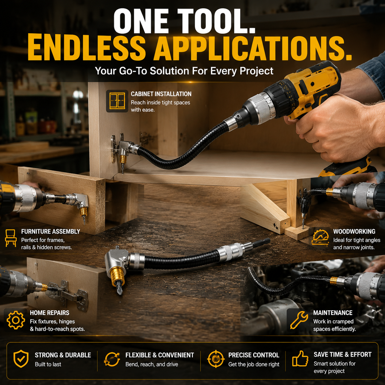 Flexible 90° Right Angle Drill Attachment – Tight Space Driver Adapter