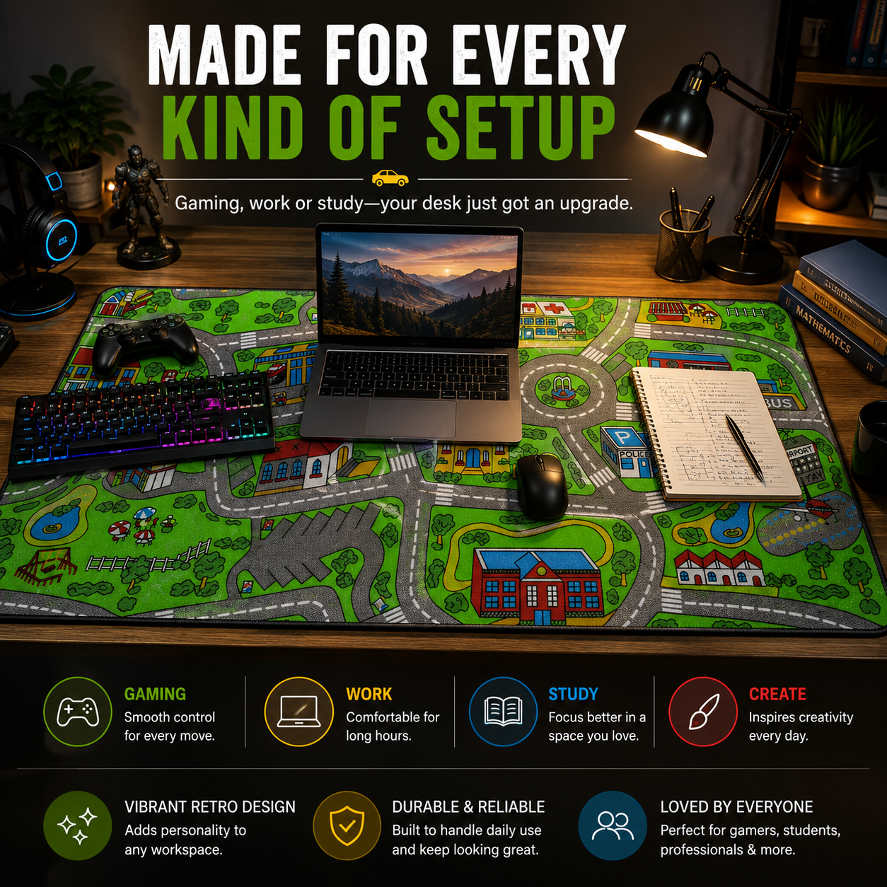 🛣️ Nostalgic Road Map Desk Mat – Retro City Mouse Pad