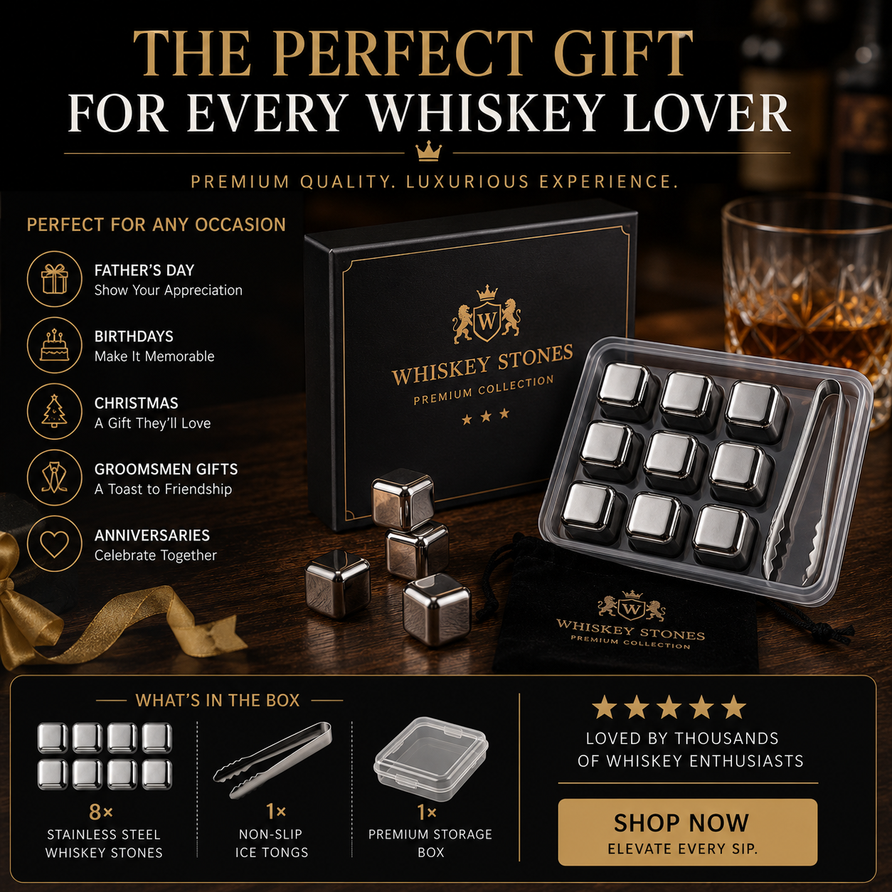 🔥 50% OFF TODAY | Stainless Steel Whiskey Stones – Chill Drinks Without Dilution 🥃
