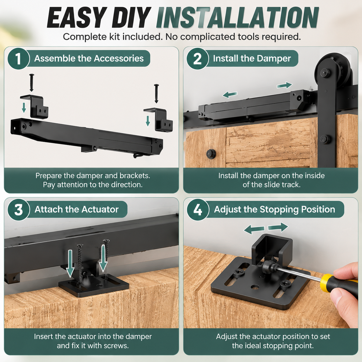 Four step installation of barn door soft close damper