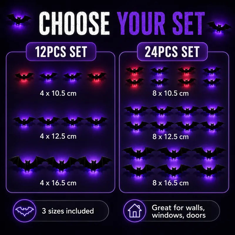 ✨2026 Hot Sale 3D LED Bat Wall Decorations – 12/24/36/48PCS Light-Up Halloween Decor for Walls, Windows & Parties